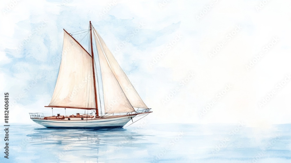 Fototapeta premium Watercolor Sailboat at Sea Nautical Art Print, Sailing, Yacht