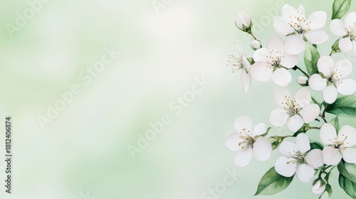 Watercolor White Blossom Branch, Spring Floral Design, Green Background, Botanical Art, Spring Flowers Spring, Watercolor