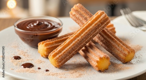 Delicious churros with chocolate sauce on a white plate, closeup shot