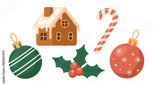 Festive Christmas icons set with ornament balls, candy cane, gingerbread house, and holly leaves on white background for holiday design