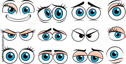 cartoon, eyes, expression, emotion, character, face, blue, grid, set, happy, angry, confused, skeptical, cute, illustration, drawing, comic, style, animated, reaction