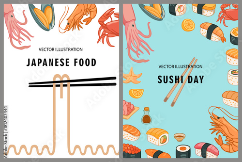 Poster set of cartoon traditional Japanese food and sushi. Colorful seafood elements, sushi rolls, squid, crab, mussels, shrimp. Flat banner for Sushi Day, restaurant menu, Asian cuisine promotion.