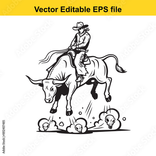 Black and white vector illustration of a cowboy riding a bucking bull during a rodeo event, isolated on