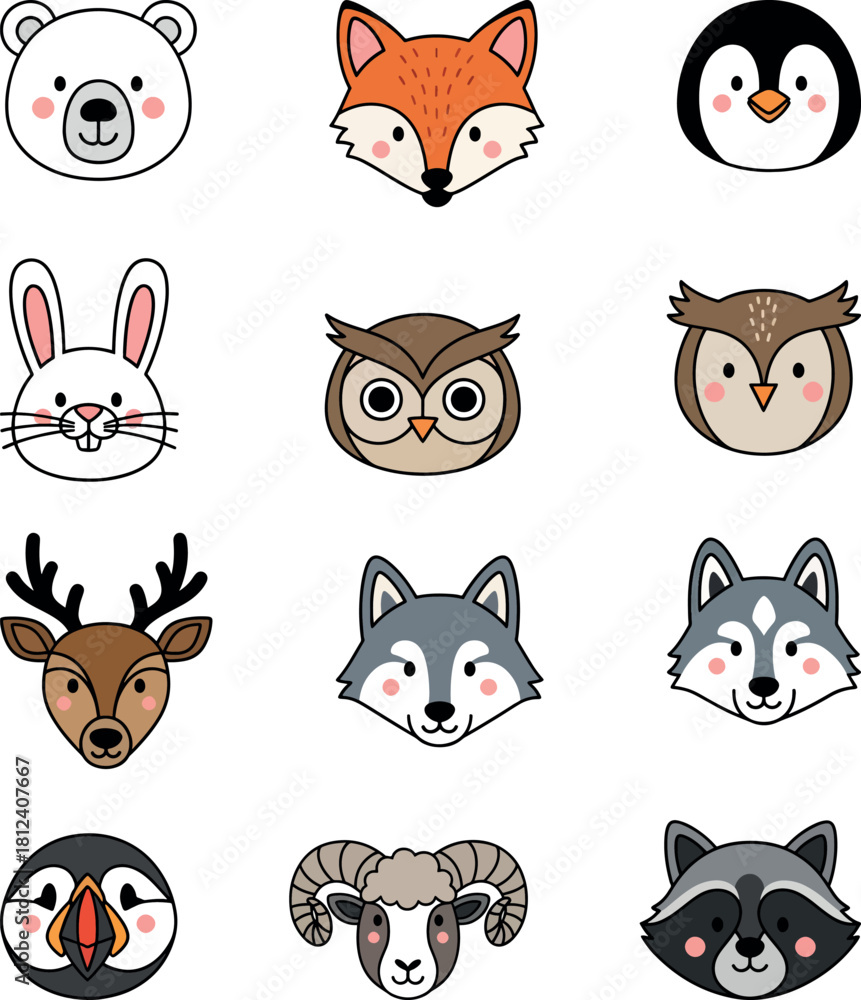 Fototapeta premium Cute Winter And Woodland Animal Faces Icon Set