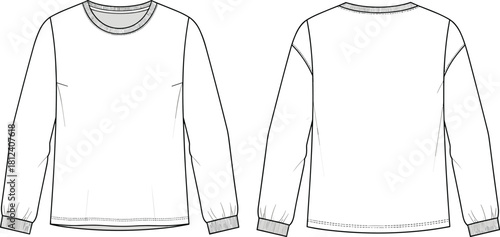 Long sleeve pullover sketch, fashion flat drawing, ribbed neckline and cuff design, garment construction template, apparel mockup, flat vector illustration