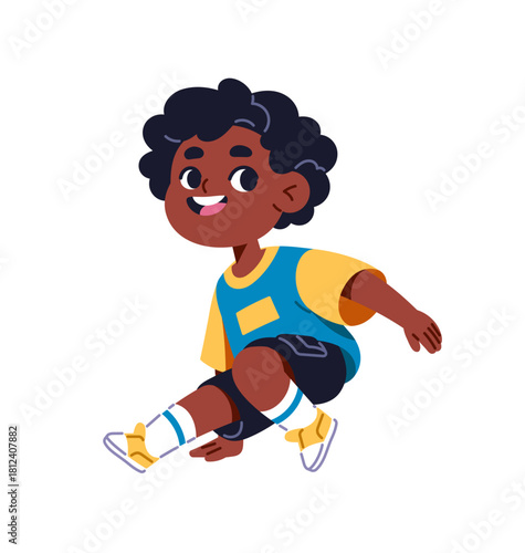 Cute kid is breakdancing on street. Happy talented child dances with hip hop music. Black little boy break dancer performs on the floor. Flat isolated vector illustration on white background