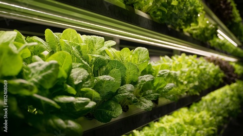 Indoor vertical farm with leafy green plant in hydroponic tray symbolizing sustainable food growing and urban agriculture.