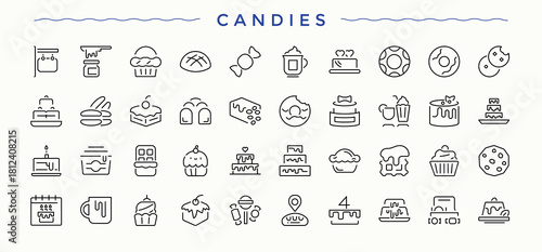 Set of Candies line icon. Contains related to food, bakery, cake, cupcake, cookie and more. Cookie icon set. Pixel perfect. Editable vector.