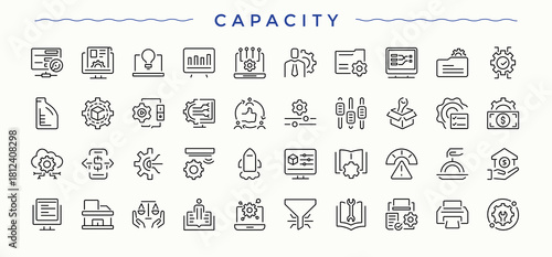 Capacity icon set. Contains outline symbols like achievement, success, arrow, strategy, goal and more. Success icon set. Vector icons collection. Editable stroke. Vector illustration.