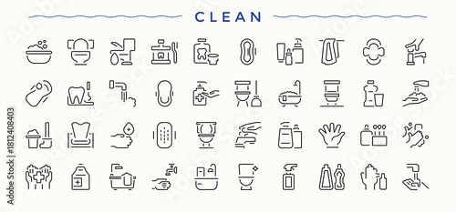 Clean vector icon set. Icons for UI designs. Contain linear symbols disinfect, cleaning, wash, sweep, house cleaning, cleaning. Pixel perfect. Editable vector. Wash line icon set.