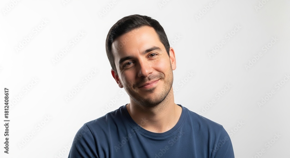 Fototapeta premium Smiling young man with dark hair looks confidently at camera isolated on white background