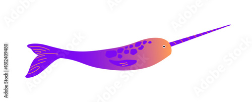 Cute narwhal in gradient style. Adorable whale with tusk. Amusing dolphin with horn. Underwater animal of cold ocean. Sea fish, undersea fauna. Flat isolated vector illustration on white background