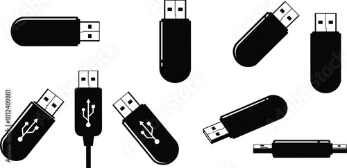 “USB flash drive icon collection featuring multiple device angles, digital storage symbols, portable data transfer gadgets, modern technology silhouettes, simple black designs”
