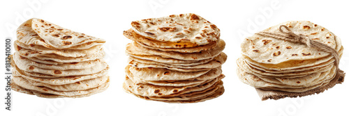 Set of showing a close-up of warm homemade flour tortillas arranged in a tidy stack on transparent png background. Ai generated