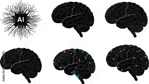 AIbraincircuitillustrationwithdigitalneurons,technologyconceptshowingartificialintelligenceconnections,futuristicneuralnetworkdesigninblackandwhiteandsparkingeffects