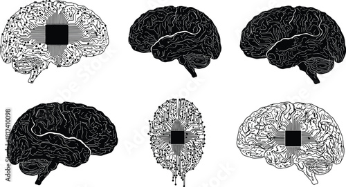 Artificial intelligence brain circuitry illustration merging neural networks with microchip designs, futuristic AI technology concept, digital cyber brain interface visualization