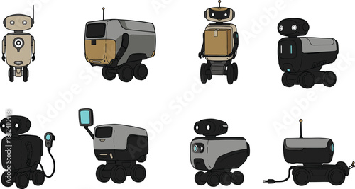 Futuristic delivery robots, autonomous service machines, cute cartoon robotics, modern AI technology units on wheels, advanced automation devices for logistics and industry