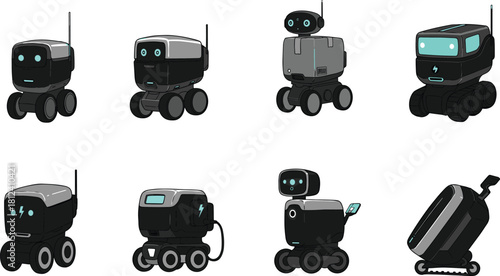 Cute delivery robots, futuristic autonomous machines, modern service robotics, smart mobility technology, cartoon robot designs, vector illustration of robotic vehicles
