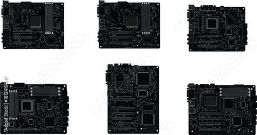 Collection of detailed computer motherboard layouts, electronic circuit board designs, PC hardware components, technology background, digital engineering patterns for tech industry applications