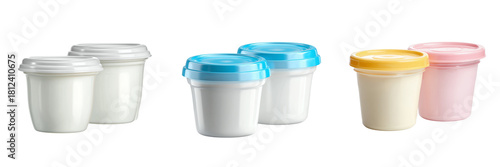 Set of three paper ice cream cups with printed patterns, arranged in a row on transparent png background. Ai generated