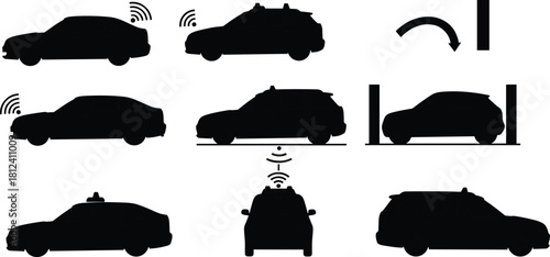 Smart autonomous car sensor icons collection showing vehicle detection, parking assistance, radar signals, navigation systems, and modern automotive technology silhouettes illustration