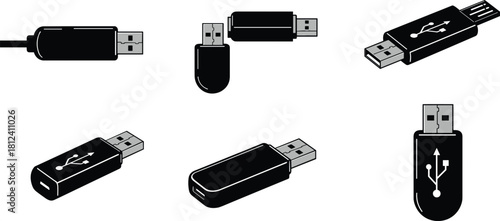USB flash drive icons collection, digital storage device illustrations, black USB stick set, portable data storage symbols, technology hardware graphics pack