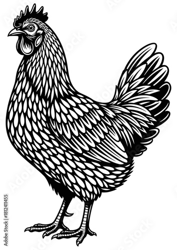 Detailed black and white engraving illustration of a domestic chicken or hen standing in profile