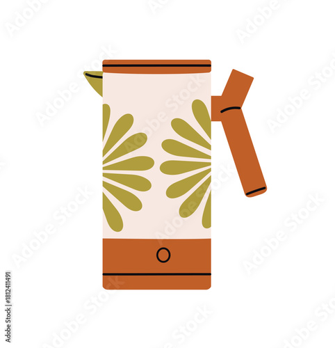 Modern teapot for boiling water. Electric kettle with pattern of leaves. Plastic tea pot for preparing hot drinks, cooking herbal beverages, brewing coffee. Flat isolated vector illustration on white