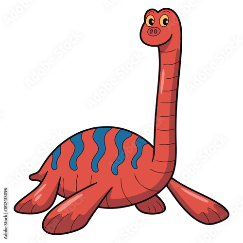 Red Plesiosaur Cartoon with Blue Stripes – Friendly Dinosaur Illustration for Kids