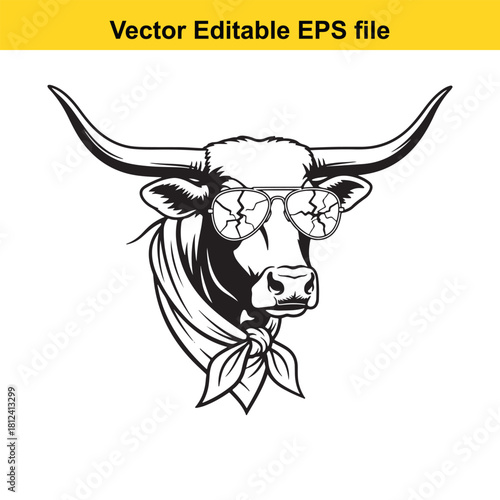 Cool bull head wearing cracked sunglasses and a bandana, black and white vector illustration isolated on
