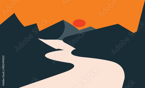 Landscape flat design with mountain and winding river in trendy style