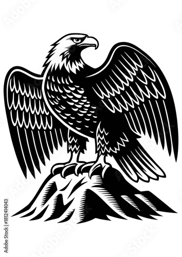 Black and white stylized illustration of a majestic bald eagle perched firmly on a rocky outcrop, isolated on