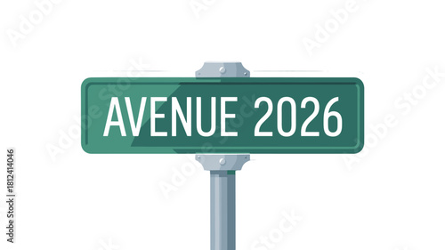An illustration of a green street sign with the words AVENUE 2026.