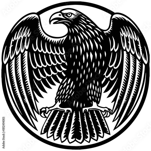 Black and white stylized illustration of a majestic eagle with spread wings inside a circular border, isolated on