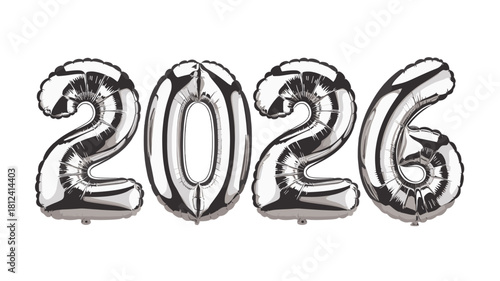 Shiny silver balloons forming the numbers 2026, symbolizing the future.