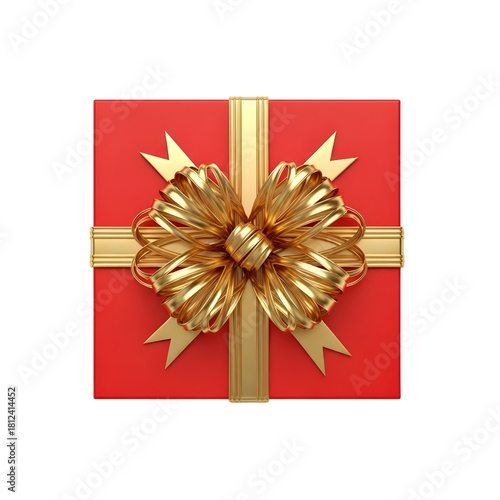 Luxury Red Square Gift Box with Shiny Gold Ribbon and Bow Isolated on Transparent Background