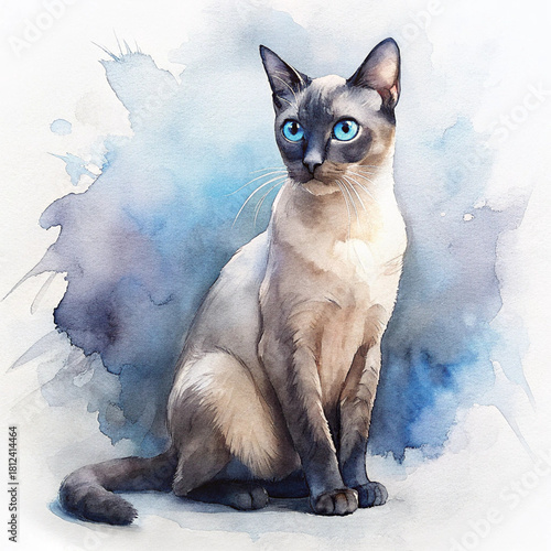 
Watercolor painting of a Siamese cat with serene mood sitting gracefully against abstract blue and purple splash background