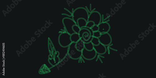 Abstract glowing green floral design with intricate patterns and a central spiral on a dark background, evoking a mystical and futuristic aesthetic