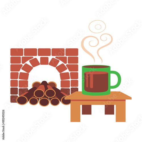 Cozy scene featuring a steaming hot beverage in a bright green mug resting on a small wooden table next to a brick fireplace filled with logs