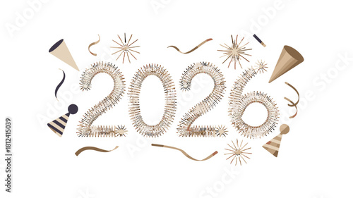 Elegant golden 2026 design with festive elements.