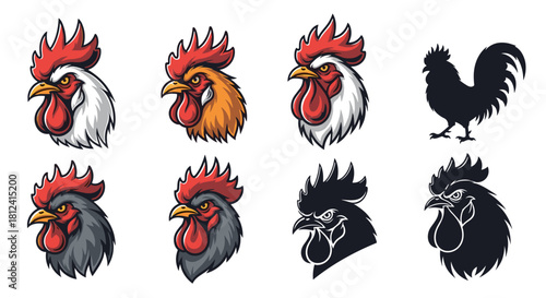 Collection of illustrated rooster heads and a silhouette of a rooster.