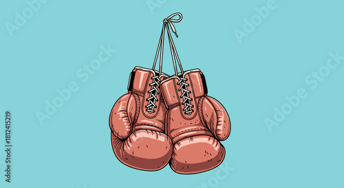 Pair of classic pink boxing gloves hanging by their laces against a light blue background.