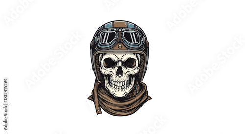 Stylized illustration of a skull wearing a vintage motorcycle helmet and goggles, with a scarf.