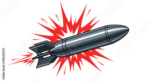 Cartoon bomb with red explosion emanating from its fins against a white background.
