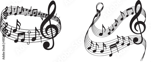 Abstract swirl of musical notes and treble clefs in vibrant colors