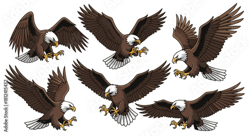 Set of illustrations of bald eagles in various flying and diving poses against a white background.