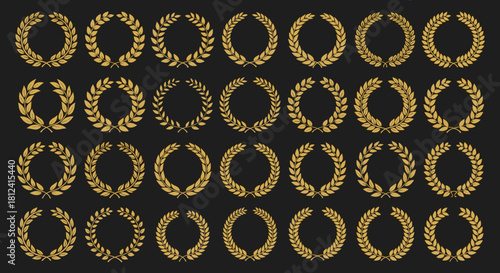 Collection of golden laurel wreaths on a dark background, representing victory and achievement.