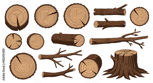 Collection of various wood logs, tree stumps, and branches with visible growth rings.