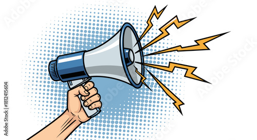 Hand holding a megaphone with sound waves emanating from it on a dotted background.