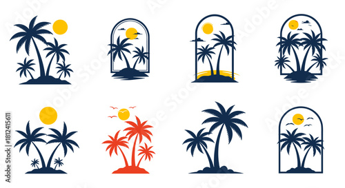 Collection of stylized tropical palm tree silhouettes against a sunset sky, suitable for beach and vacation themes.